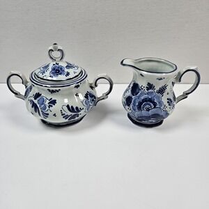 Delft Holland Sugar Bowl Creamer Set Blue White Hand Painted Vintage Windmill